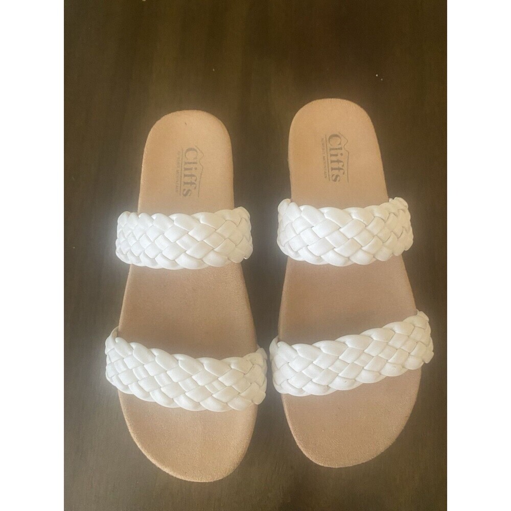 Cliffs Braided Double Strap Slide Sandals Faux Leather White/Tan Women's 7